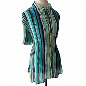 Sunny Leigh Striped Pleated Short Sleeve Collared Button Top